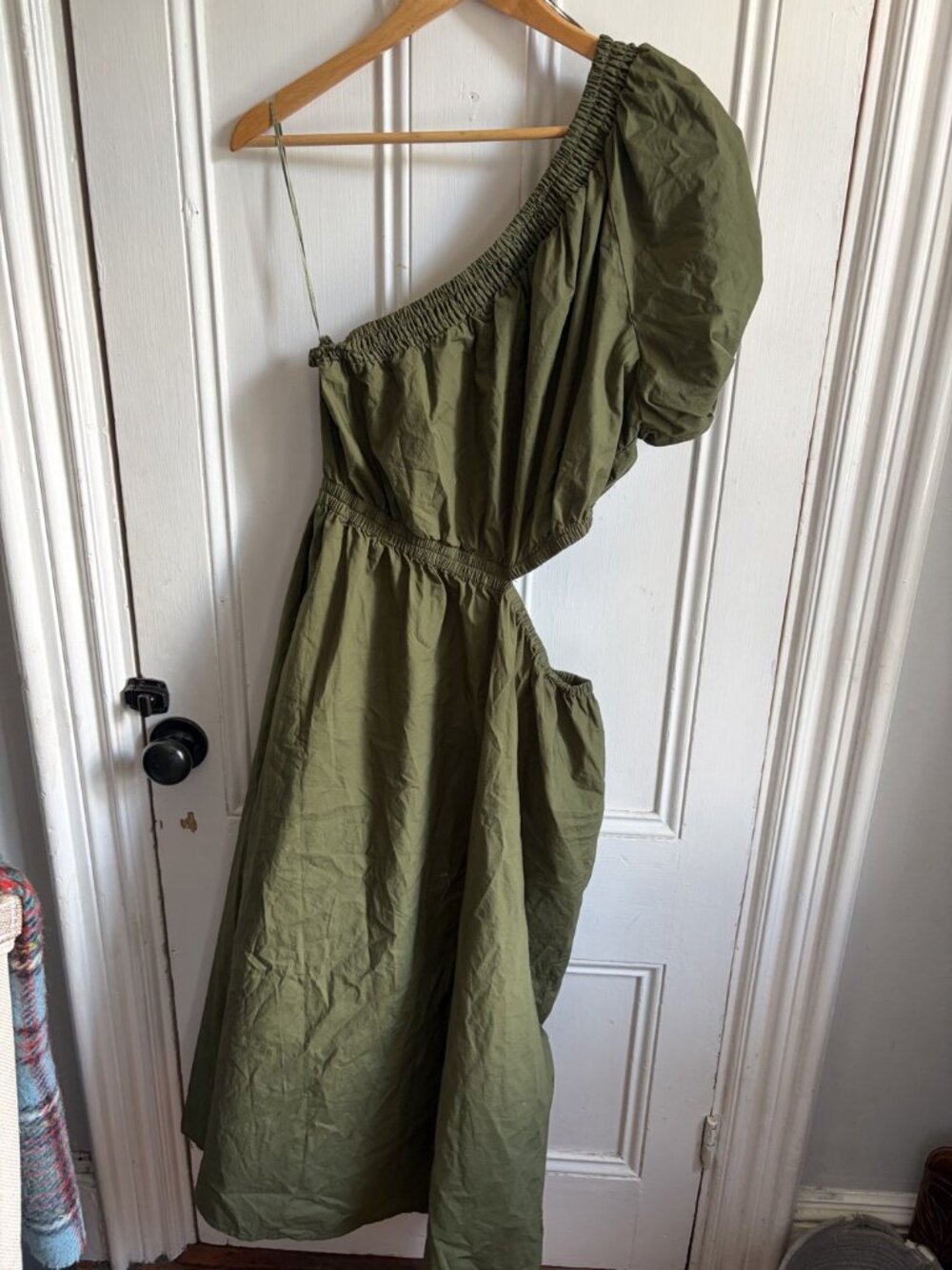 Who What Wear Olive One-Shoulder Cutout Puff Sleeve Midi Dress Pockets L